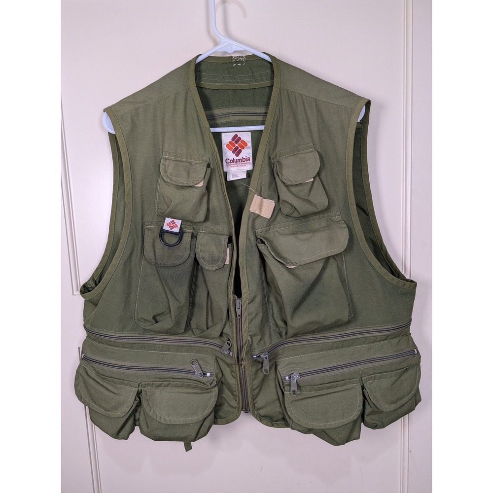 Columbia Sportswear Vintage Fishing Vest Olive Green Multi-Pocket XL Patches